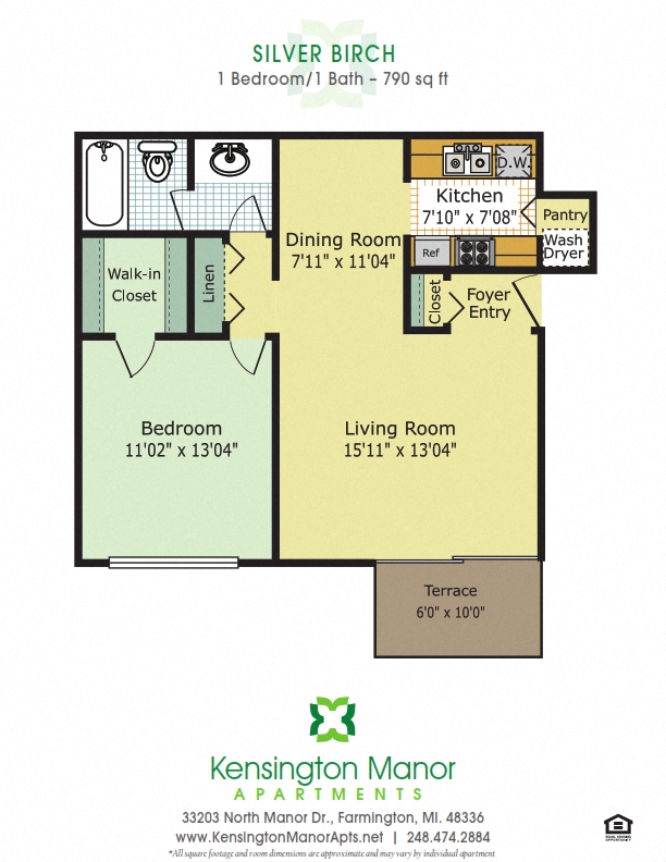 Floor plan for 1 bed, 1 bath, 790 sqft